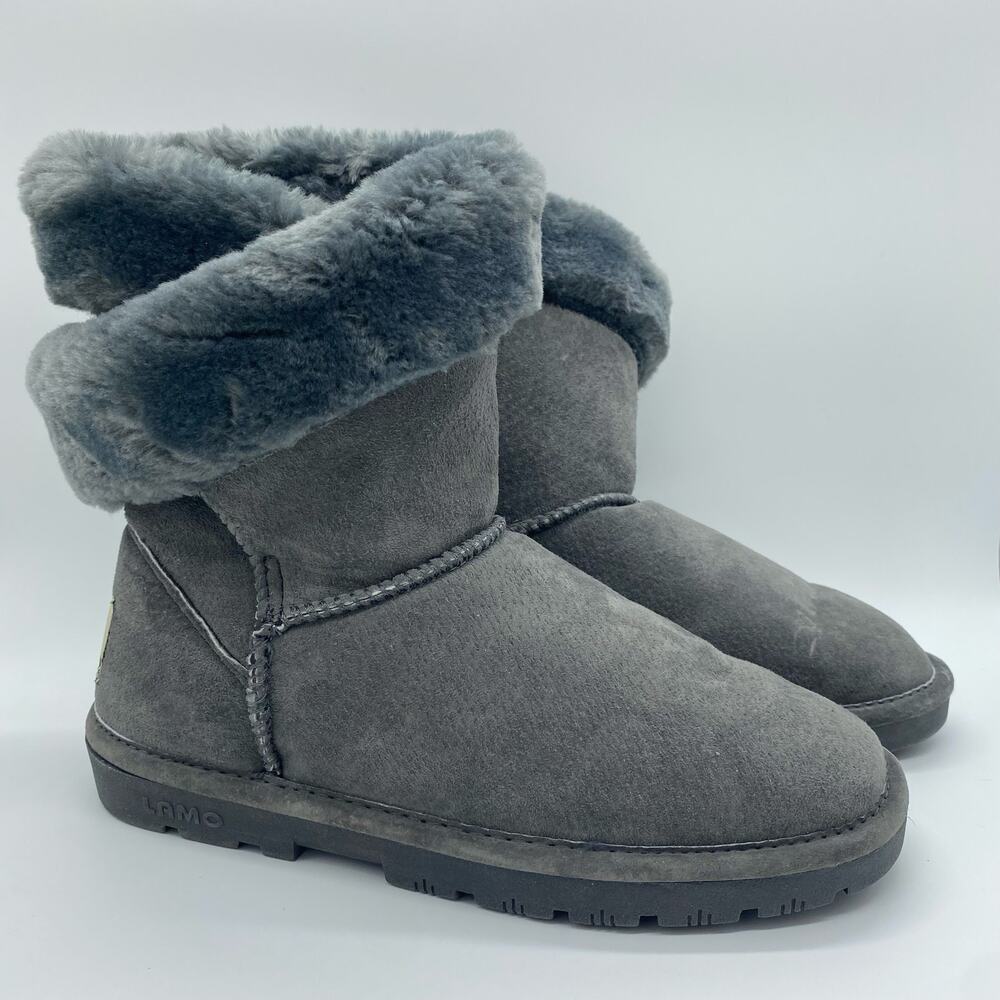 Lamo Gray Lambskin Leather Boots Winter Cozy Loungewear Slippers Women's size 6